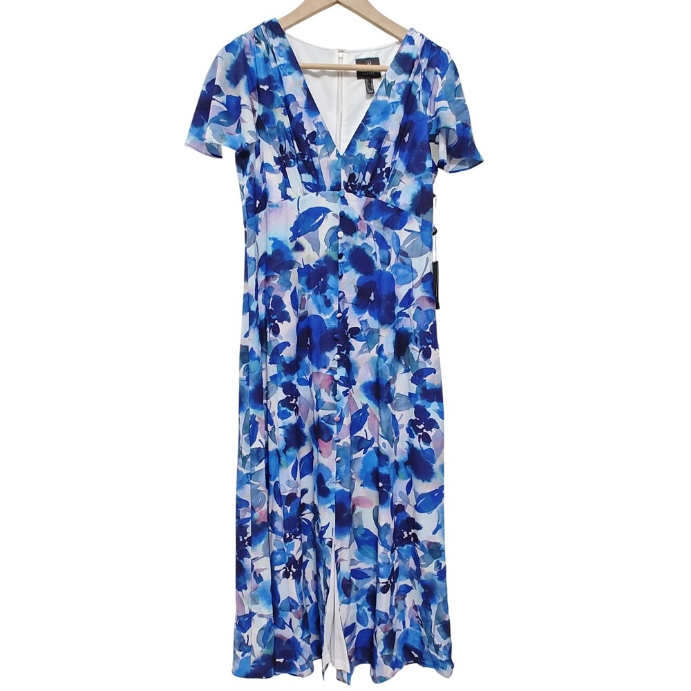 Adrianna Papell Dress Printed Chiffon Midi Blue Floral V Neck Short Sleeve 4 New
